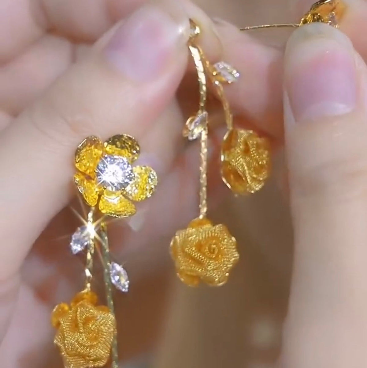 Elegant Gold Sequined Mesh Long Diamond Earrings for Women