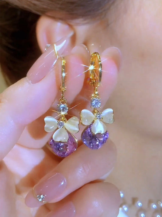 Exquisite Design Fashionable Petal Purple Water Drop Earrings