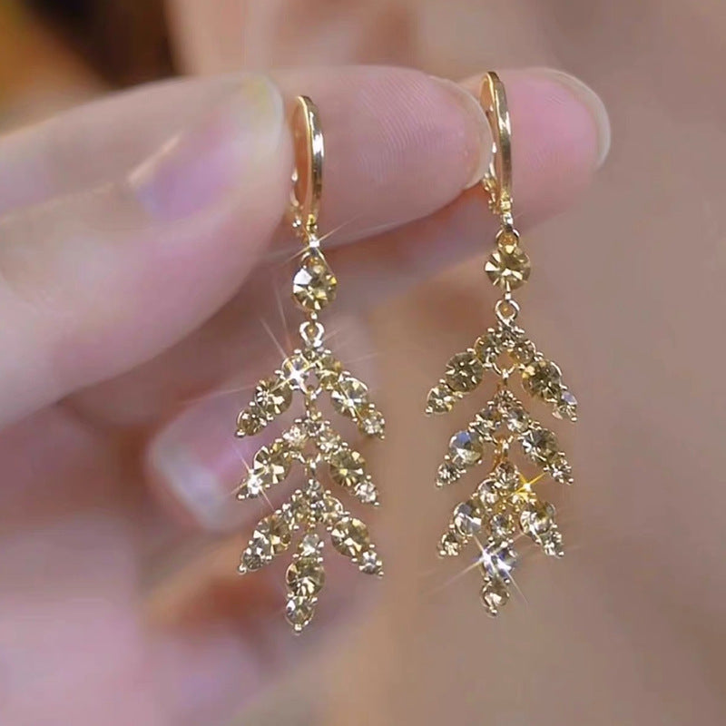 Super Shiny Diamond Brown Leaf Tassel Earrings