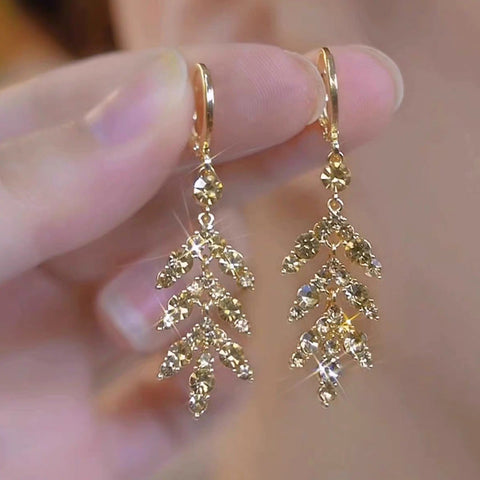 Super Shiny Diamond Brown Leaf Tassel Earrings