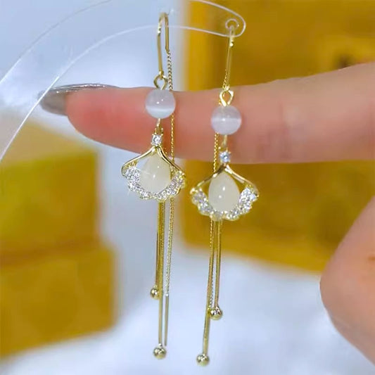 Women's Silver Needle Long Tassel Earrings Ginkgo Leaf Ear Wire