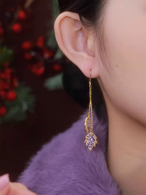 Purple Sparkling Damond Leaf Tassel Earrings For Women