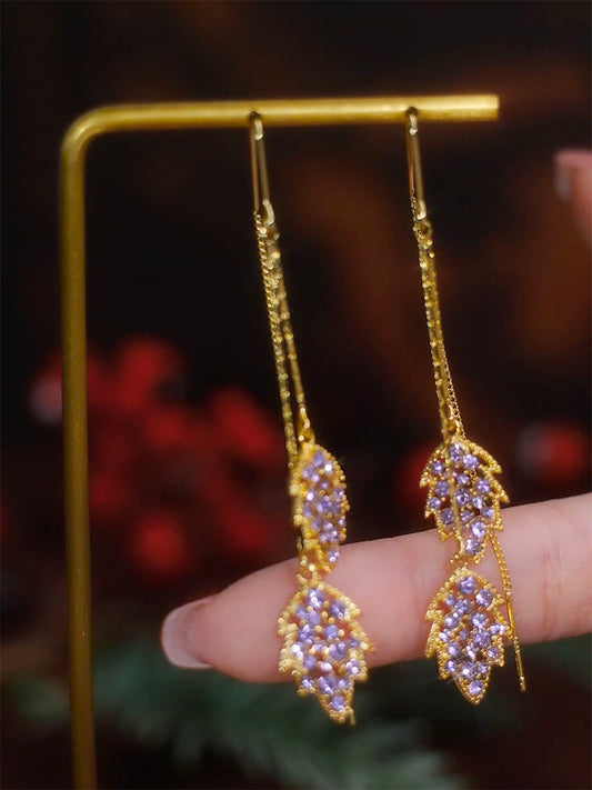 Purple Sparkling Damond Leaf Tassel Earrings For Women