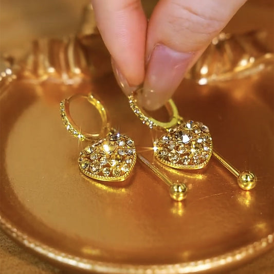 Design Full Diamond Sweet Golden Heart Tassel Earrings for Women