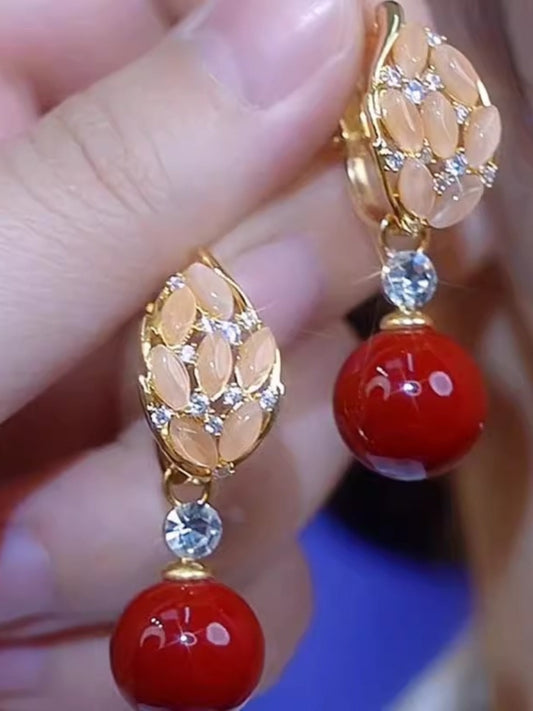 Red Bead Cat's Eye Pendant Earrings Women's Accessories
