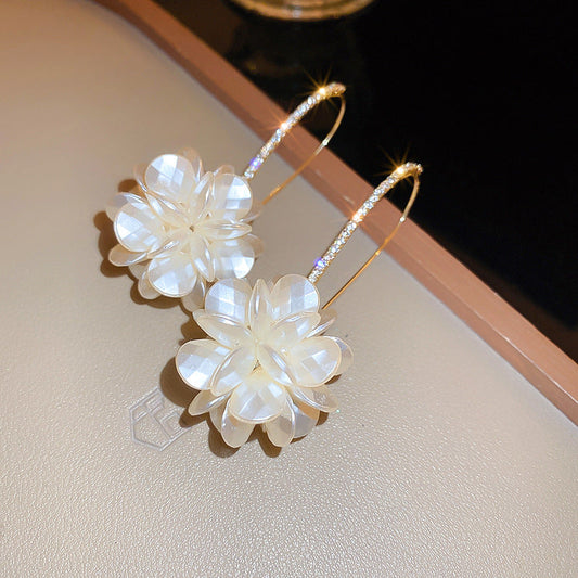 French Diamond Flower Pearl Earrings For Women